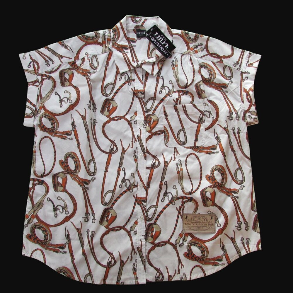 Cruel Denim Women's XL Short Sleeve Western Tack Print Blouse White
